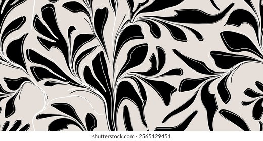 Abstract seamless pattern with elegant leaves. Floral abstract organic silhouettes in black and white create a modern and luxurious impression. Vector illustration