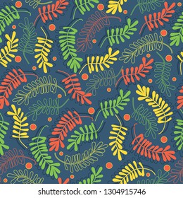Abstract seamless pattern with the element of tropical leaves in the Memphis style. Tropical background. - Vector graphics