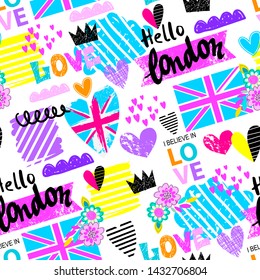 Abstract seamless pattern with elements british flag and london style. Ffashion girlish print 