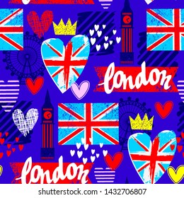 Abstract seamless pattern with elements british flag and london style. Fashion girlish print 