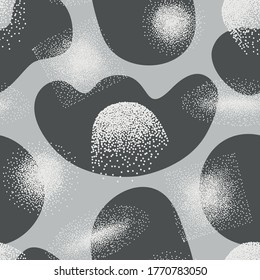 Abstract seamless pattern with elements in dot work style. Vector design. Black and white elements on blue background.