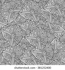 Abstract seamless pattern with elements of tropic shell and ethnic motive. Black and white. Zentangle.