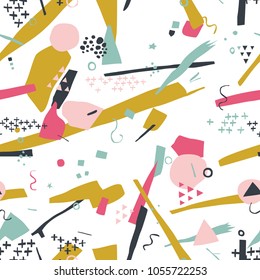 Abstract seamless pattern with abstract elements in vector. Memphis style. Pastel colors. Perfect for fabric, textile, wallpaper. Chaos.