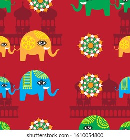 Abstract seamless pattern of elephant and cub temple silhouette on red background. Vector image. eps 10