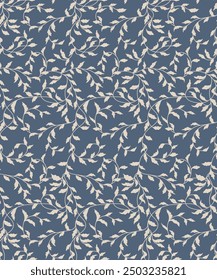 abstract seamless pattern with endless beige branches with leaf's on  blue background. Vintage leaf seamless pattern. 