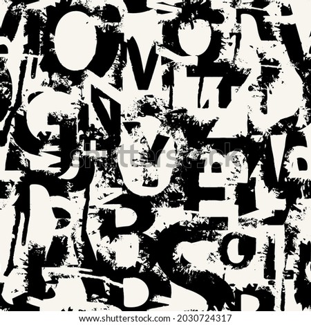 Abstract seamless pattern with english letters in form of black paint blots and splashes on a light backdrop. Monochrome vector background. Suitable for wallpaper, fabric, wrapping paper design