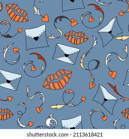 Abstract seamless pattern of envelopes, love message, kisses and beautiful curly arrows. Bright blue and orange print. Fashionable and glamorous decoration of any of your bold advertising projects.