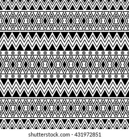 Abstract seamless pattern with ethnic aztec motives. Boho design. Tribal pattern. Folk stylized print template for textile and paper. Summer fashion. Black and white.