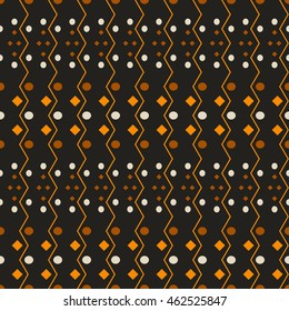 Abstract seamless pattern with ethnic motifs. Vertical zigzag lines, circles and small squares. Graphic print in black, brown, orange colors. Vector illustration for fabric, paper and other