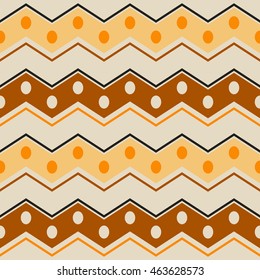 Abstract seamless pattern with ethnic motifs. Wide horizontal zigzag stripes with circles in brown, orange, yellow, black colors. Contrast geometric print. Vector illustration for creative design