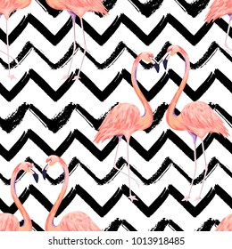 Abstract seamless pattern with exotic flamingo on striped chevron background. Summer watercolor print. Vector illustration