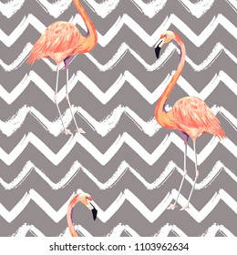 Abstract seamless pattern with exotic flamingo on striped chevron background. Summer watercolor print. Vector illustration