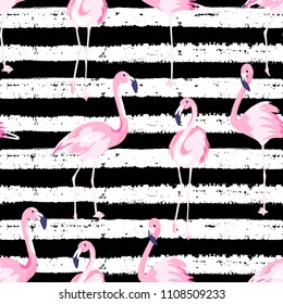 Abstract seamless pattern with exotic flamingo on striped background. Summer decoration print. Vector illustration