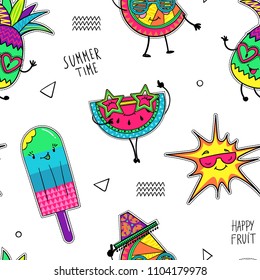 Abstract seamless pattern with exotic fruits and sweets drawing in cartoon style with geometric elements like triangle, zigzag lines, round, text. Patch badges watermelon slice, orange, ice cream