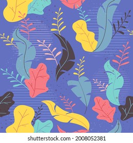 Resumen de un patrón sin fisuras con plantas de selva exótica. Diseño floral de color oscuro. Saltos sobre fondo azul. Ilustración de papel, cubierta, imprenta, tela, textil, decoración interior y otros usuarios. 