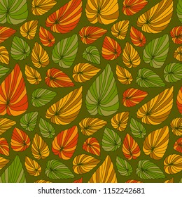 Abstract seamless pattern with exotic leaves. Vector illustration with hand drawn leaves in autumn tones on yellow-green background.