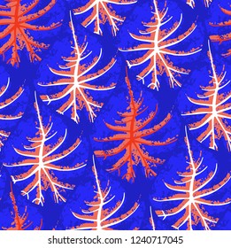 Abstract seamless pattern of exotic leaves in vivid colors. Bright vector design drawn in the technique of rough brush