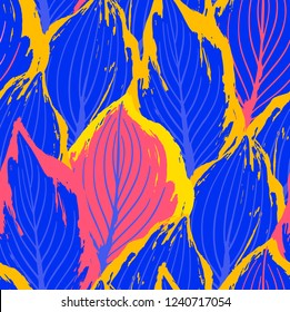 Abstract seamless pattern of exotic leaves in vivid colors. Bright vector design drawn in the technique of rough brush