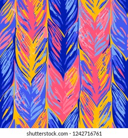 Abstract seamless pattern of exotic leaves in vivid colors. Bright vector design drawn in the technique of rough brush