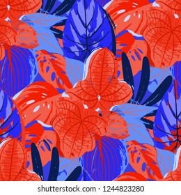 Abstract seamless pattern of exotic leaves in vivid colors. Bright vector design drawn in the technique of rough brush