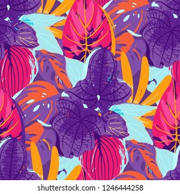 Abstract seamless pattern of exotic leaves in vivid colors. Bright vector design drawn in the technique of rough brush