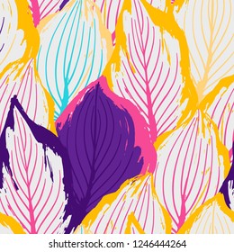 Abstract seamless pattern of exotic leaves in vivid colors. Bright vector design drawn in the technique of rough brush