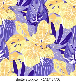 Abstract seamless pattern of exotic leaves in vivid colors. Bright vector design drawn in the technique of rough brush