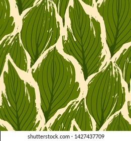 Abstract seamless pattern of exotic leaves in vivid colors. Bright vector design drawn in the technique of rough brush