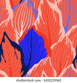 Abstract seamless pattern of exotic leaves in vivid colors. Bright vector design drawn in the technique of rough brush