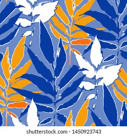 Abstract seamless pattern of exotic leaves in bright colors. Vector repeated design