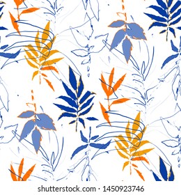 Abstract seamless pattern of exotic leaves in bright colors. Vector repeated design