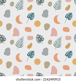 Resumen de patrón sin fisuras con hojas exóticas. manchas de boho, luna y hoja de monstera. Estilo bohemio para ropa, textiles y fondo. Ilustración de material vectorial