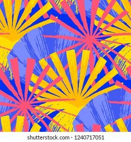 Abstract seamless pattern of exotic palm leaves in vivid colors. Bright vector design drawn in the technique of rough brush