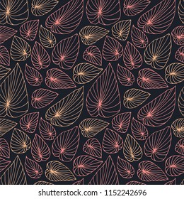 Abstract seamless pattern with exotic tropical leaves. Luxury vector illustration with hand drawn leaves rose gold tones on black background.