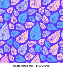 Abstract seamless pattern with exotic tropical leaves. Vector illustration with hand drawn leaves in pastel tones on ultraviolet background.