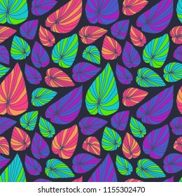 Abstract seamless pattern with exotic tropical leaves. Vector illustration with hand drawn leaves in neon tones on black background.