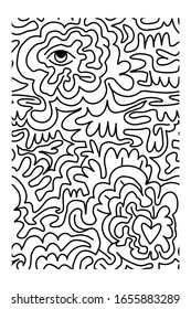Abstract seamless pattern of eye, heart and maze of lines. Image for a poster or cover. Repeating texture. Figure for textiles.