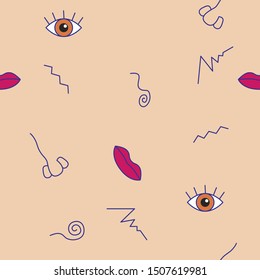 Abstract seamless pattern with eye mouth and nose