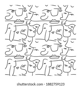 Abstract seamless pattern of eyes, eyebrows, noses, lips and lines forming faces. Image for a poster or cover.
