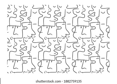 Abstract seamless pattern of eyes, eyebrows, noses, lips and lines forming faces. Image for a poster or cover.