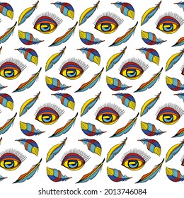 Abstract seamless pattern with eyes and feathers. Useable for posters, stickers, prints, illustrating, textiles, wrappers, wallpapers, surface design.