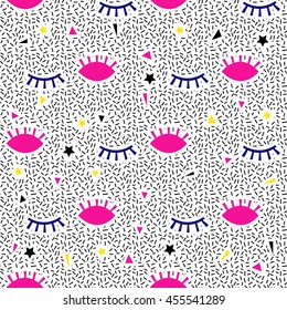 Abstract seamless pattern with eyes and polygon elements. Retro fashion texture in 80s - 90s style. Geometric eyelashes fashion background.