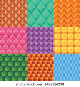 Abstract seamless pattern fabric textures pixel art style set background. Knitted design. Isolated vector 8-bit illustration.