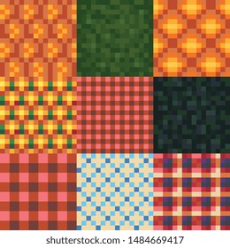 Abstract seamless pattern fabric textures pixel art style set background. Knitted design. Isolated vector 8-bit illustration.