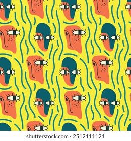 Abstract seamless pattern. A face with big eyes and stripes on a bright yellow background. Psychedelic vector illustration for packaging, fabric, wrapping paper, cover, case