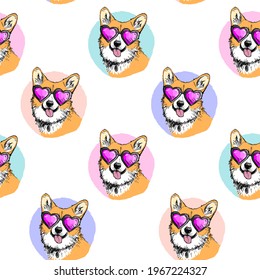 Abstract seamless pattern. Face dog corgi with glasses. Fashion background 