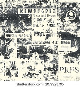 Abstract seamless pattern with faded illegible newspaper text, headlines and illustrations on an old paper backdrop. Monochrome vector background in grunge style, wallpaper, wrapping paper or fabric