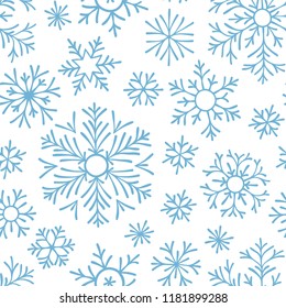 Abstract seamless pattern of falling blue snowflakes on white background. Winter pattern for banner, greeting, Christmas and New Year card, invitation, postcard, paper packaging.
