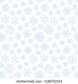 Abstract seamless pattern of falling blue snowflakes on white background. Winter pattern for banner, greeting, Christmas and New Year card, invitation, postcard, paper packaging.