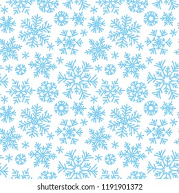 Abstract seamless pattern of falling blue snowflakes on white background. Winter pattern for banner, greeting, Christmas and New Year card, invitation, postcard, paper packaging.